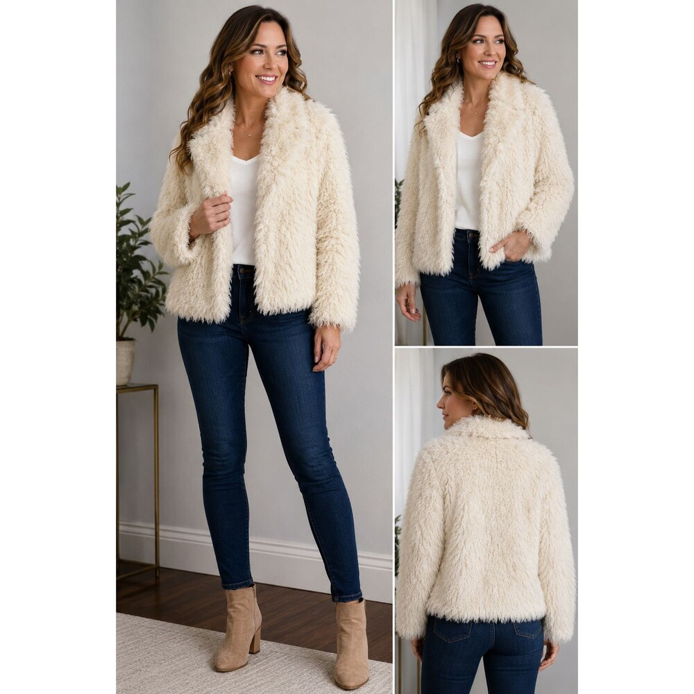 Little Lass Ivory Faux Fur Open Front Lined Short Jacket Long Sleeve XXL